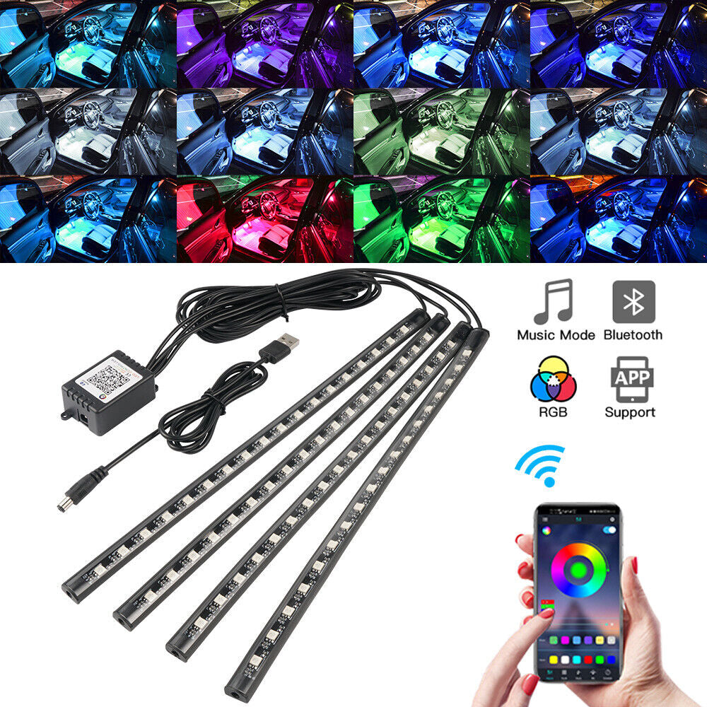 4X RGB 72 LED USB Car Interior Floor Atmosphere Light Strips Bluetooth Phone APP