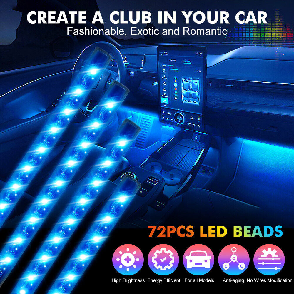 4X RGB 72 LED USB Car Interior Floor Atmosphere Light Strips Bluetooth Phone APP