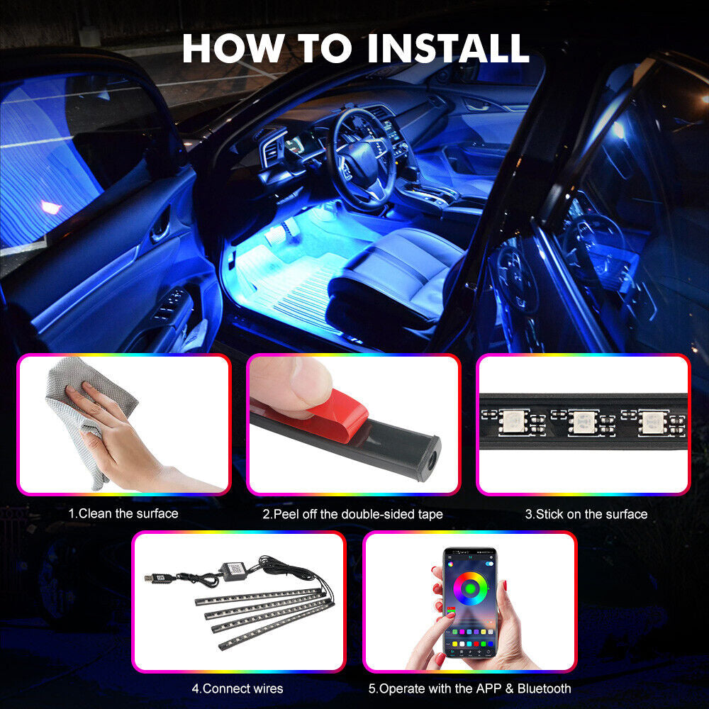 4X RGB 72 LED USB Car Interior Floor Atmosphere Light Strips Bluetooth Phone APP