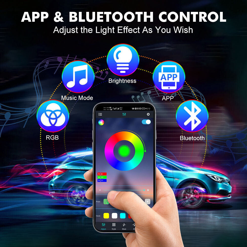 4X RGB 72 LED USB Car Interior Floor Atmosphere Light Strips Bluetooth Phone APP